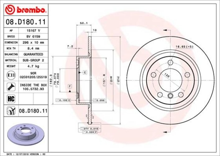 Disc frână BREMBO, spate,  pentru: MINI COUNTRYMAN (R60), PACEMAN (R61) 1.6 11.12-10.16