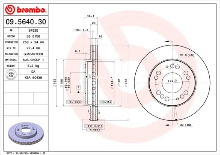 Disc frână BREMBO, față, pentru: DODGE AVENGER; MITSUBISHI ECLIPSE I, ECLIPSE II 2.0 04.91-