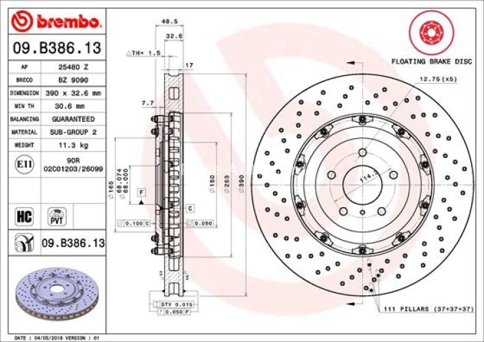 Disc frână BREMBO, din două piese, față, pentru: NISSAN GT-R 3.8 12.07-