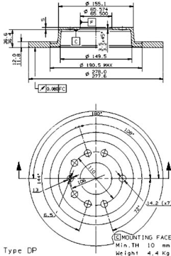 Disc frână BREMBO, spate,  pentru: CADILLAC BLS; OPEL SIGNUM, VECTRA C, VECTRA C GTS; SAAB 9-3, 9-3X 1.6-3.2 04.02-