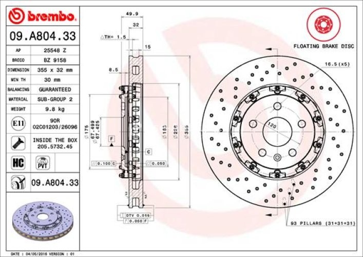 Disc frână BREMBO, din două piese, față, pentru: OPEL INSIGNIA A; SAAB 9-5 1.6-2.8 07.09-03.17