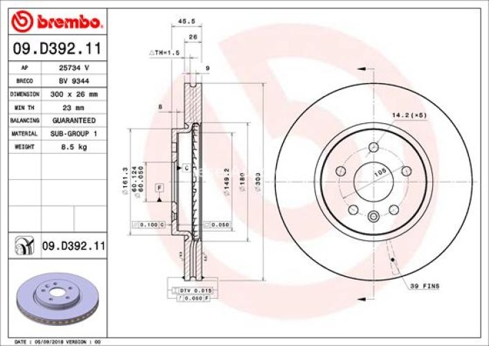 Disc frână BREMBO, față, pentru: OPEL AMPERA-E, ASTRA K, ASTRA K/KOMBI 1.0-Electric 06.15-