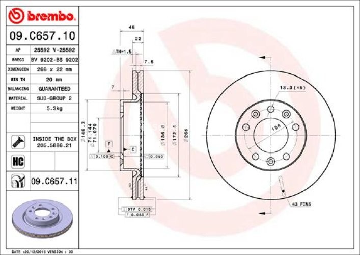 Disc frână BREMBO, față, pentru: PEUGEOT 308 II, 308 II/KOMBI, 308/HATCHBACK 1.2-2.0D 09.13-06.21