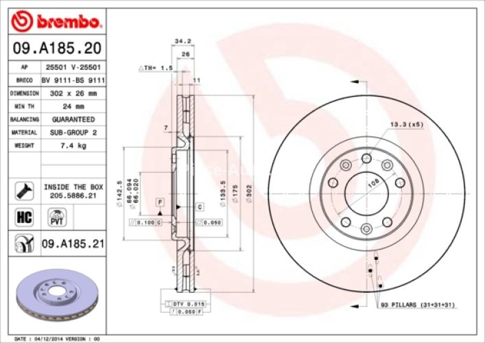 Disc frână BREMBO, față, pentru: PEUGEOT RCZ 1.6/2.0D 03.10-12.15