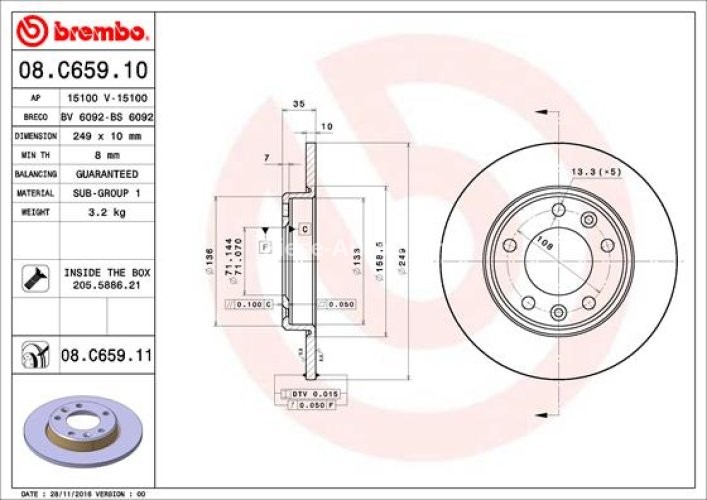 Disc frână BREMBO, spate,  pentru: PEUGEOT 308 II, 308 II/KOMBI, 308/HATCHBACK 1.2-2.0D 09.13-06.21