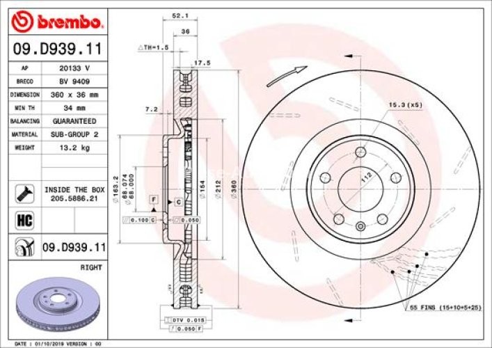 Disc frână BREMBO, față, dreapta, pentru: PORSCHE MACAN 2.0-3.6 02.14-