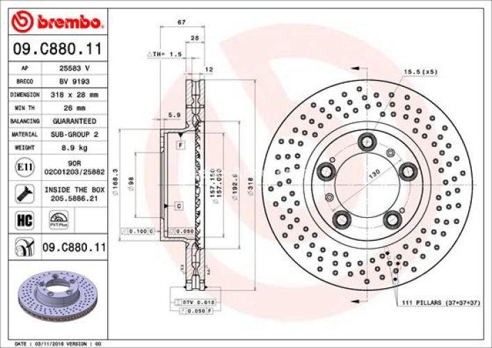 Disc frână BREMBO, față, pentru: PORSCHE 911, 911 TARGA, BOXSTER, BOXSTER SPYDER, CAYMAN 2.7-3.8 08.97-06.13