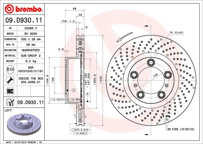 Disc frână BREMBO, față, stânga, pentru: PORSCHE 718 BOXSTER, 718 CAYMAN, 911, 911 TARGA, BOXSTER, CAYMAN 2.0-3.8 06.08-