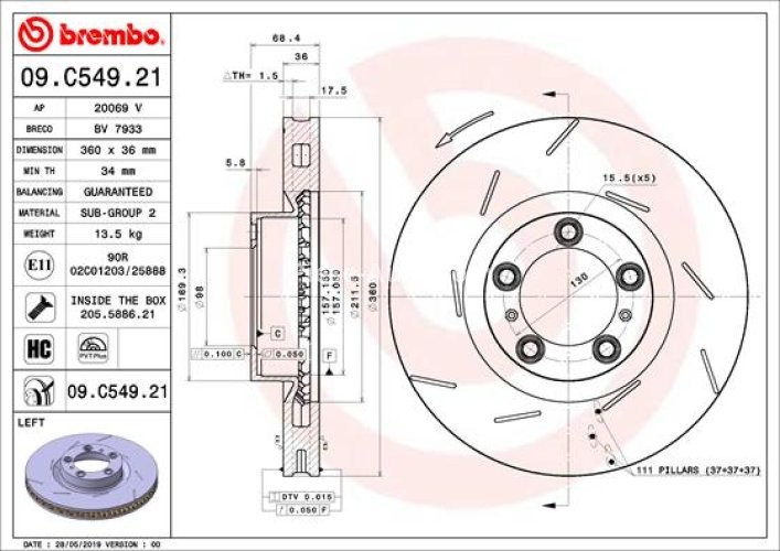 Disc frână BREMBO, față, stânga, pentru: PORSCHE PANAMERA 3.0-4.8 07.09-10.16