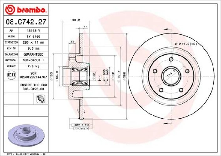 Disc frână BREMBO, cu rulment, spate,  (cu inel ABS) pentru: RENAULT GRAND SCENIC IV, MEGANE IV, SCENIC IV, TALISMAN 1.2-2.0D 06.15-