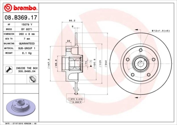 Disc frână BREMBO, cu rulment, spate,  (cu inel ABS) pentru: RENAULT FLUENCE, MEGANE, MEGANE III 1.2-2.0D 11.08-