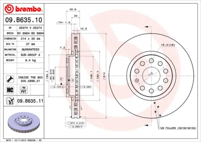 Disc frână BREMBO, față,  (puternic carbonatat; cu suruburi) pentru: SEAT ALHAMBRA, TARRACO; SKODA KODIAQ; VW SHARAN, TIGUAN, TIGUAN/SUV 1.4-2.0D 05.10-
