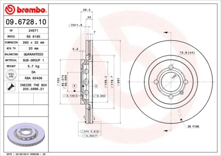 Disc frână BREMBO, față, pentru: SEAT CORDOBA, CORDOBA VARIO, CORDOBA VARIO/KOMBI, IBIZA II, IBIZA III, TOLEDO I; VW CORRADO, GOLF II, PASSAT B3/B4 1.6-2.0 08.88-11.09