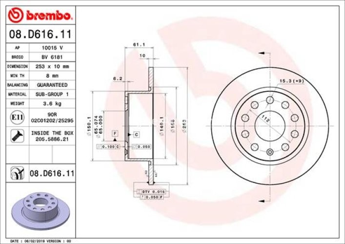 Disc frână BREMBO, spate,  pentru: SKODA OCTAVIA III 1.0-2.0D 11.12-10.20