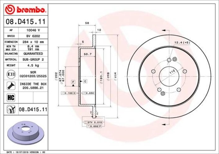 Disc frână BREMBO, spate,  pentru: SSANGYONG ACTYON II, KORANDO, TIVOLI, XLV 1.6-2.2D 11.10-