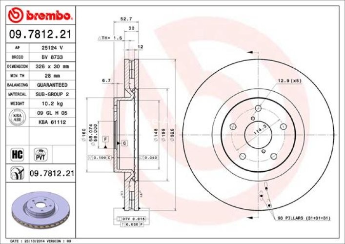 Disc frână BREMBO, față, pentru: SUBARU IMPREZA, WRX; TOYOTA GT 86 2.0/2.5 11.01-