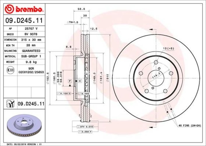Disc frână BREMBO, față, pentru: SUBARU LEGACY VI, LEVORG, OUTBACK, TRIBECA 1.6-3.6 01.05-