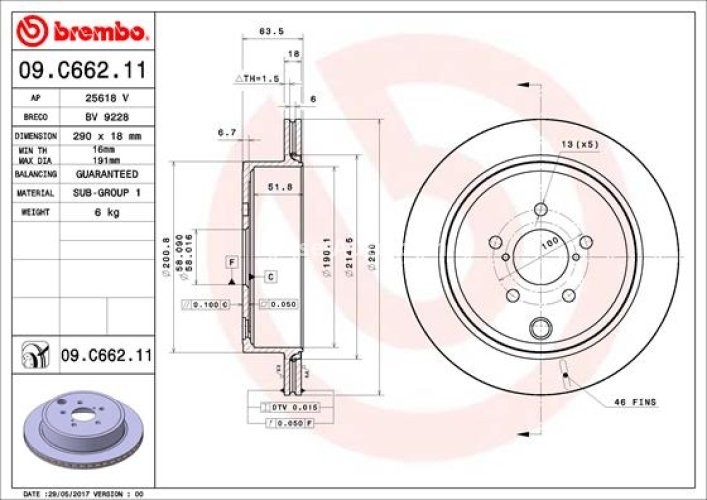 Disc frână BREMBO, spate,  pentru: SUBARU BRZ, LEGACY V, OUTBACK; TOYOTA GR 86, GT 86 2.0-3.6 09.09-