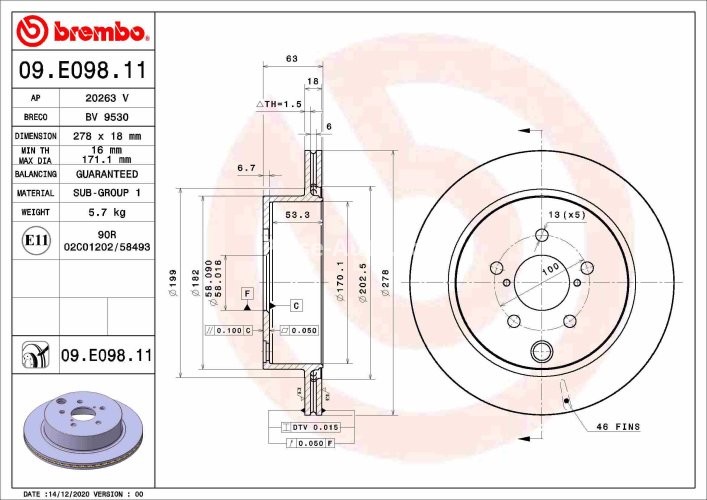 Disc frână BREMBO, spate,  pentru: SUBARU FORESTER 2.0/2.0D 03.13-