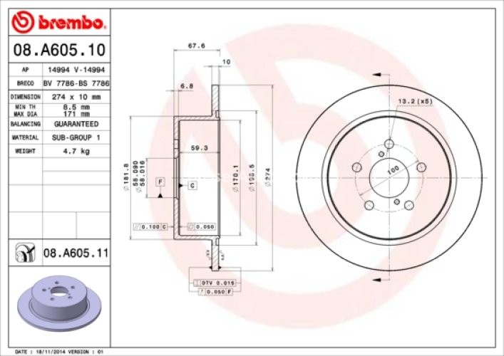 Disc frână BREMBO, spate,  pentru: SUBARU LEGACY IV, OUTBACK 2.0-3.0 09.03-12.09