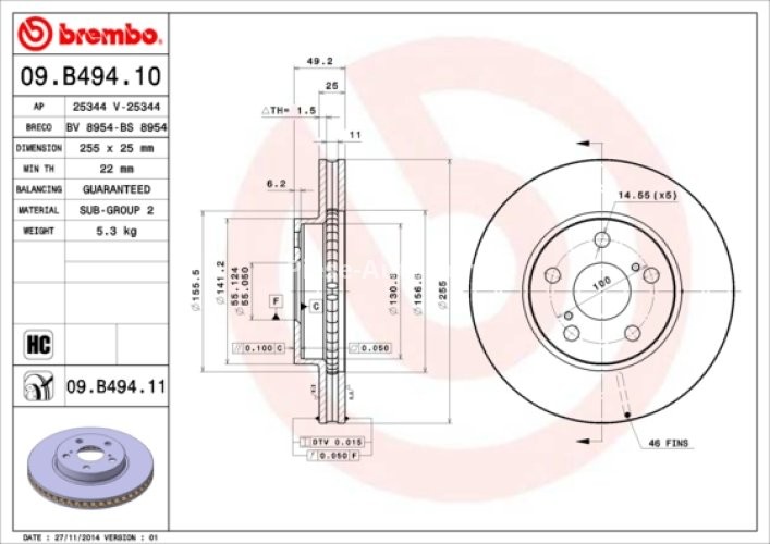 Disc frână BREMBO, față, pentru: TOYOTA PRIUS 1.8H 06.08-