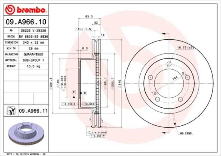 Disc frână BREMBO, față, pentru: TOYOTA LAND CRUISER 200 4.5D-5.7 08.07-