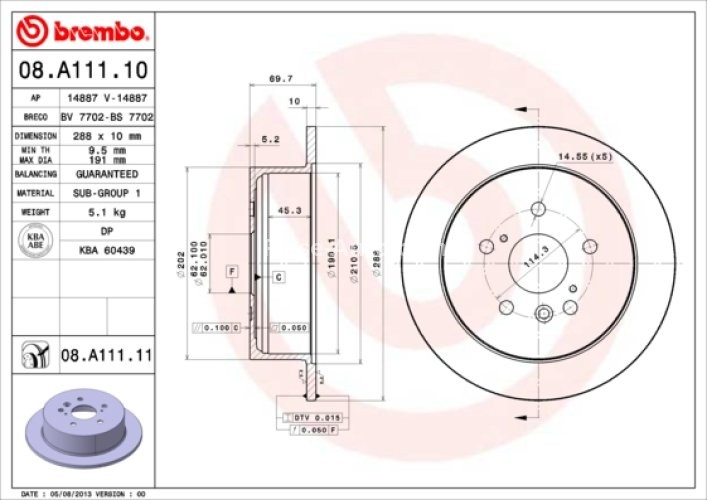 Disc frână BREMBO, spate,  pentru: TOYOTA HARRIER, HIGHLANDER / KLUGER 2.4-3.5 09.00-12.13