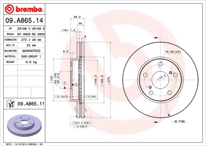 Disc frână BREMBO, față, pentru: TOYOTA AURIS, COROLLA 1.33-1.8H 10.06-07.14
