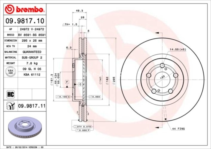 Disc frână BREMBO, față, pentru: TOYOTA AVENSIS 1.8-2.4 03.03-11.08