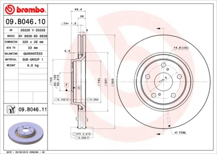 Disc frână BREMBO, față, pentru: TOYOTA AVENSIS, VERSO 2.0D/2.2D 11.08-10.18