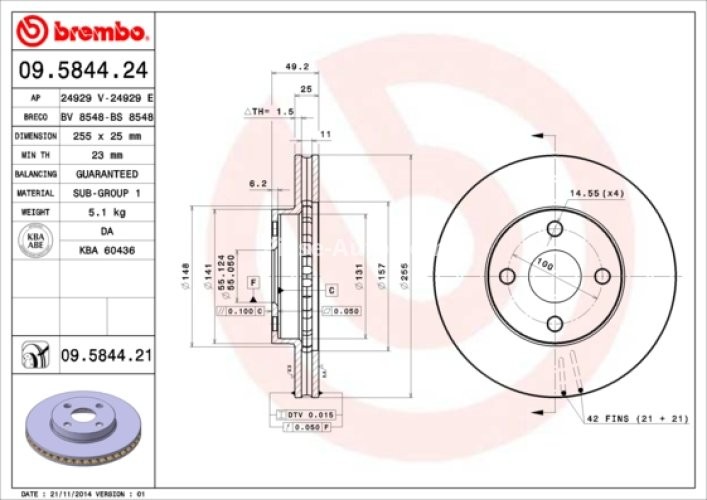 Disc frână BREMBO, față, pentru: TOYOTA COROLLA, COROLLA VERSO 1.4-1.8 08.01-03.09