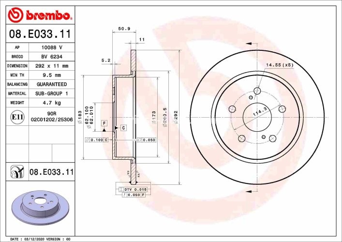 Disc frână BREMBO, spate,  pentru: TOYOTA C-HR 1.2-2.0H 10.16-