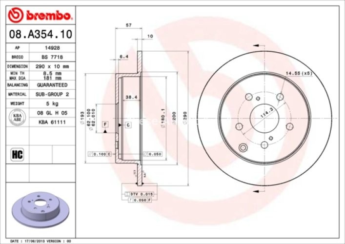 Disc frână BREMBO, spate,  pentru: TOYOTA COROLLA VERSO 1.6-2.2D 04.04-03.09