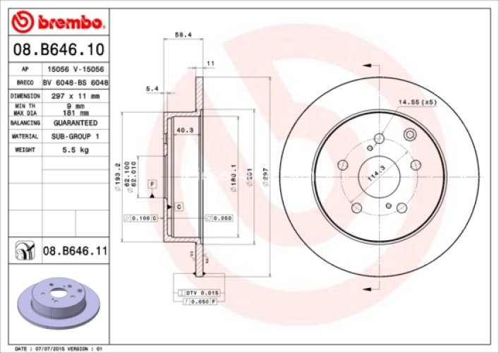 Disc frână BREMBO, spate,  pentru: TOYOTA VERSO 1.6-2.2D 04.09-08.18