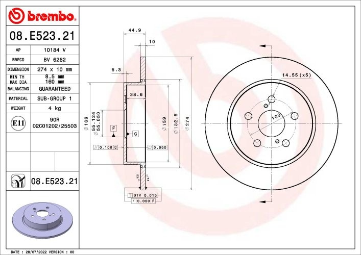 Disc frână BREMBO, spate,  pentru: TOYOTA YARIS 1.5/1.5H 02.20-
