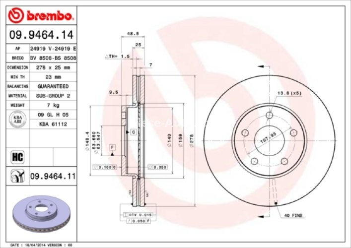 Disc frână BREMBO, față, pentru: VOLVO C30, C70 II, S40 II, V50; FORD C-MAX, FOCUS C-MAX, FOCUS II; FORD USA FOCUS 1.4-Electric 10.03-08.16