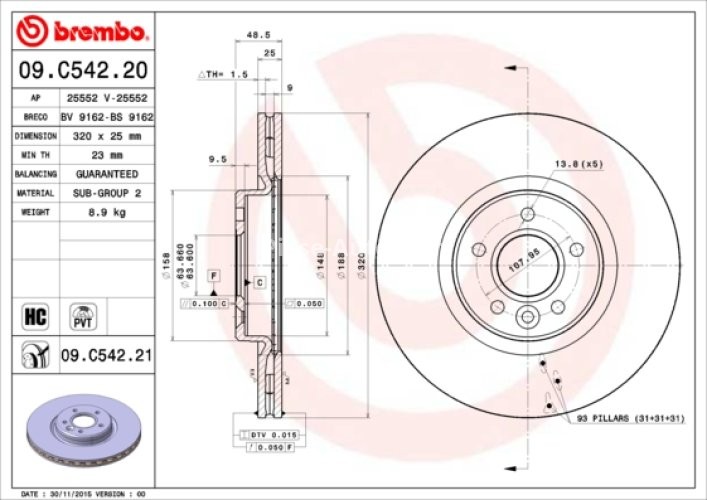 Disc frână BREMBO, față, pentru: VOLVO C30, C70 II, S40 II, V40, V50 1.5-2.5 12.03-08.19