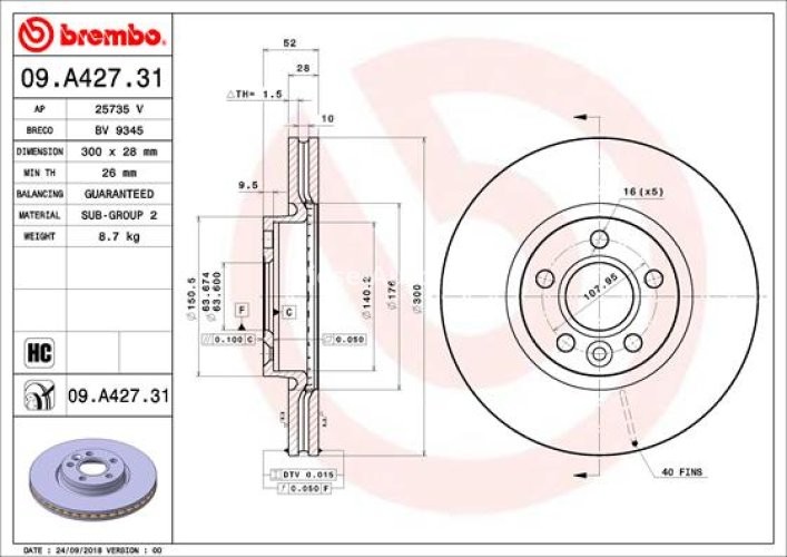 Disc frână BREMBO, față, pentru: VOLVO S60 II, S80 II, V60 I, V70 II, V70 III, V70 III/KOMBI, XC70 II 1.5-4.4 04.05-12.18