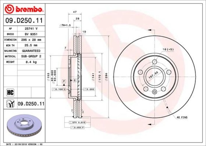 Disc frână BREMBO, față, pentru: VOLVO S60 III, S90 II, V60 II, V90 II 2.0-2.0H 03.16-