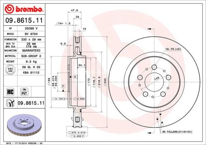 Disc frână BREMBO, spate,  pentru: VOLVO S60 I, V70 II 2.5 01.03-04.10