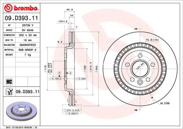 Disc frână BREMBO, spate,  pentru: VOLVO S60 II, S80 II, V60 I, V70 III, V70 III/KOMBI, XC70 II 1.5-4.4 03.06-12.18