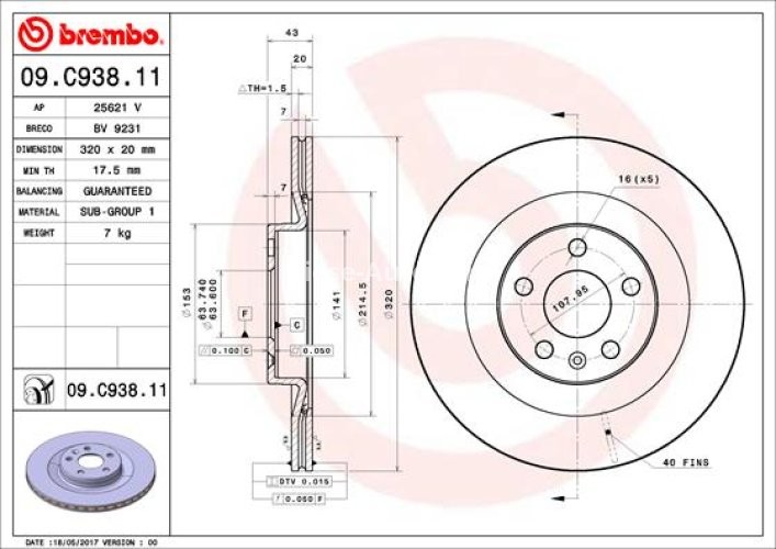 Disc frână BREMBO, spate,  pentru: VOLVO S60 III, S90 II, V60 II, V90 II, XC60 II, XC90 II 2.0-2.0H 09.14-