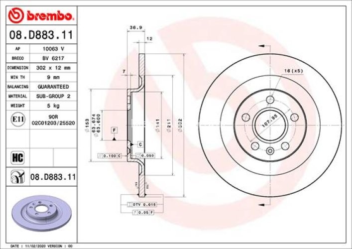 Disc frână BREMBO, spate,  pentru: VOLVO XC40 1.5-2.0H 10.17-