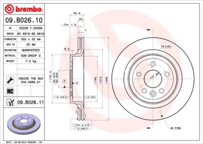 Disc frână BREMBO, spate,  pentru: VOLVO XC60 I 2.0-3.2 05.08-12.17