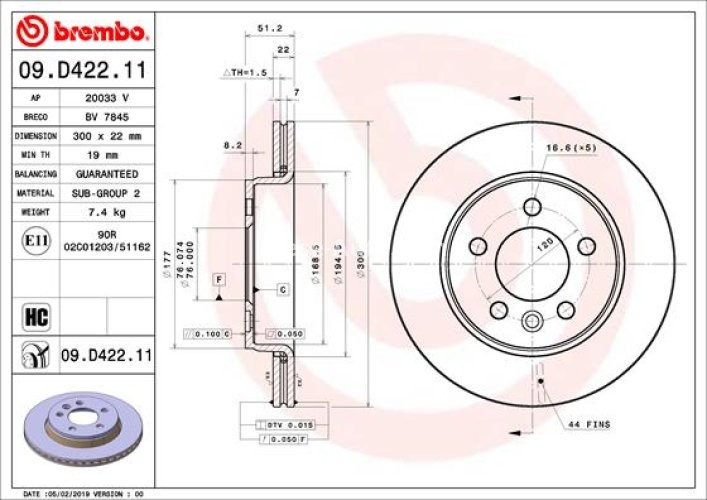Disc frână BREMBO, spate,  pentru: VW AMAROK, CRAFTER, GRAND CALIFORNIA CAMPER 2.0-Electric 12.10-