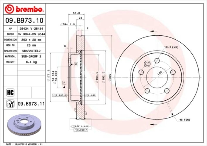 Disc frână BREMBO, față, pentru: VW AMAROK 2.0/2.0D/3.0D 09.10-05.22