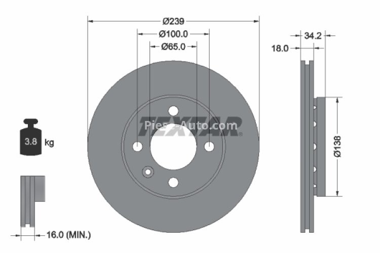 Disc frână TEXTAR, față, pentru: SEAT AROSA; VW LUPO I, POLO, POLO III, POLO/HATCHBACK 1.0-1.9D 08.92-07.05