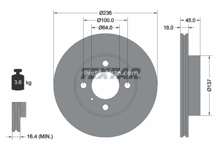 Disc frână TEXTAR, față, pentru: KIA SEPHIA II; MITSUBISHI CARISMA, COLT IV, COLT V, LANCER V, LANCER VI, MIRAGE IV, MIRAGE V 1.3-2.0D 12.91-