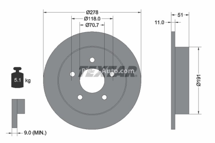 Disc frână TEXTAR, spate, pentru: OPEL SINTRA; PONTIAC GRAND PRIX VI, MONTANA 2.2-5.7 07.96-12.05