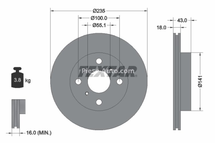 Disc frână TEXTAR, față, pentru: TOYOTA ECHO, PLATZ, YARIS 1.0/1.3/1.4D 04.99-11.05